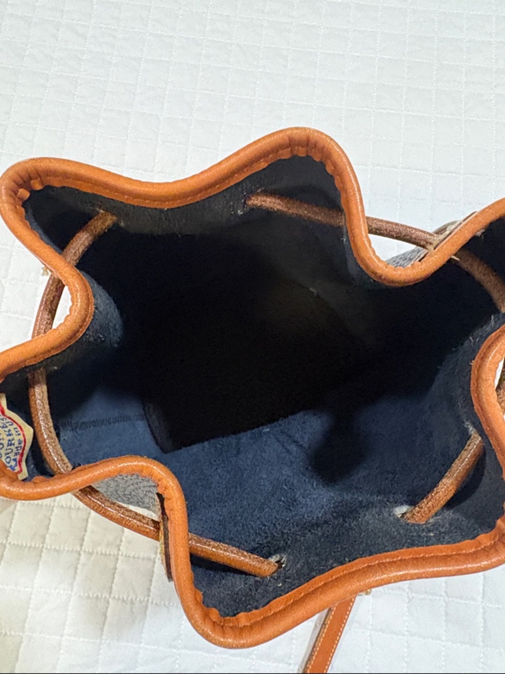 Dooney & Bourke Black Pebble Leather Mini Drawstring Bag with Tan Trim - Picture 4 of 5